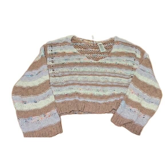 Free People Sunset Sand Combo Crop Pullover Sweater Long Sleeve V-Neck Sz S - Picture 1 of 6